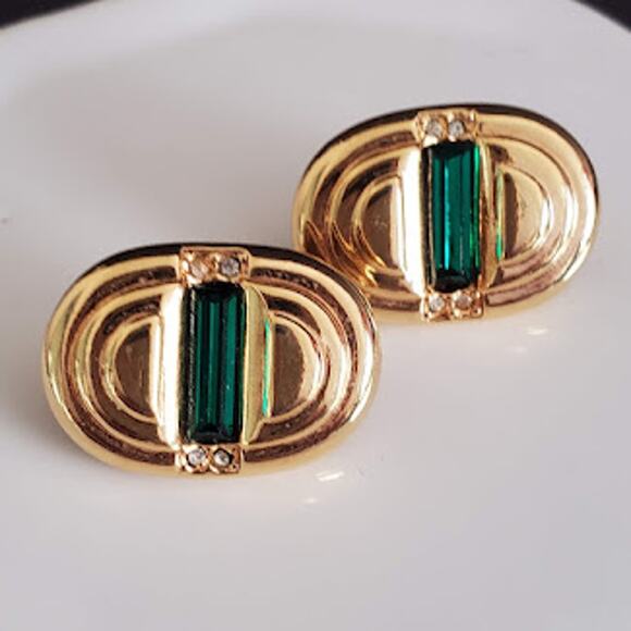 Swarovski Gold Plated Clip On Earrings with Green and Clear Crystals Signed - Picture 2 of 5